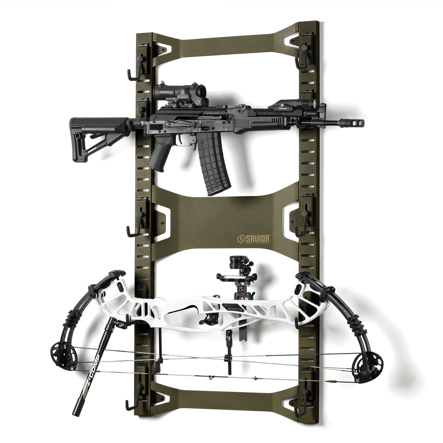 OLIVE DRAB GREEN HORIZONTAL WALL RACK W/ 10 HOOKS