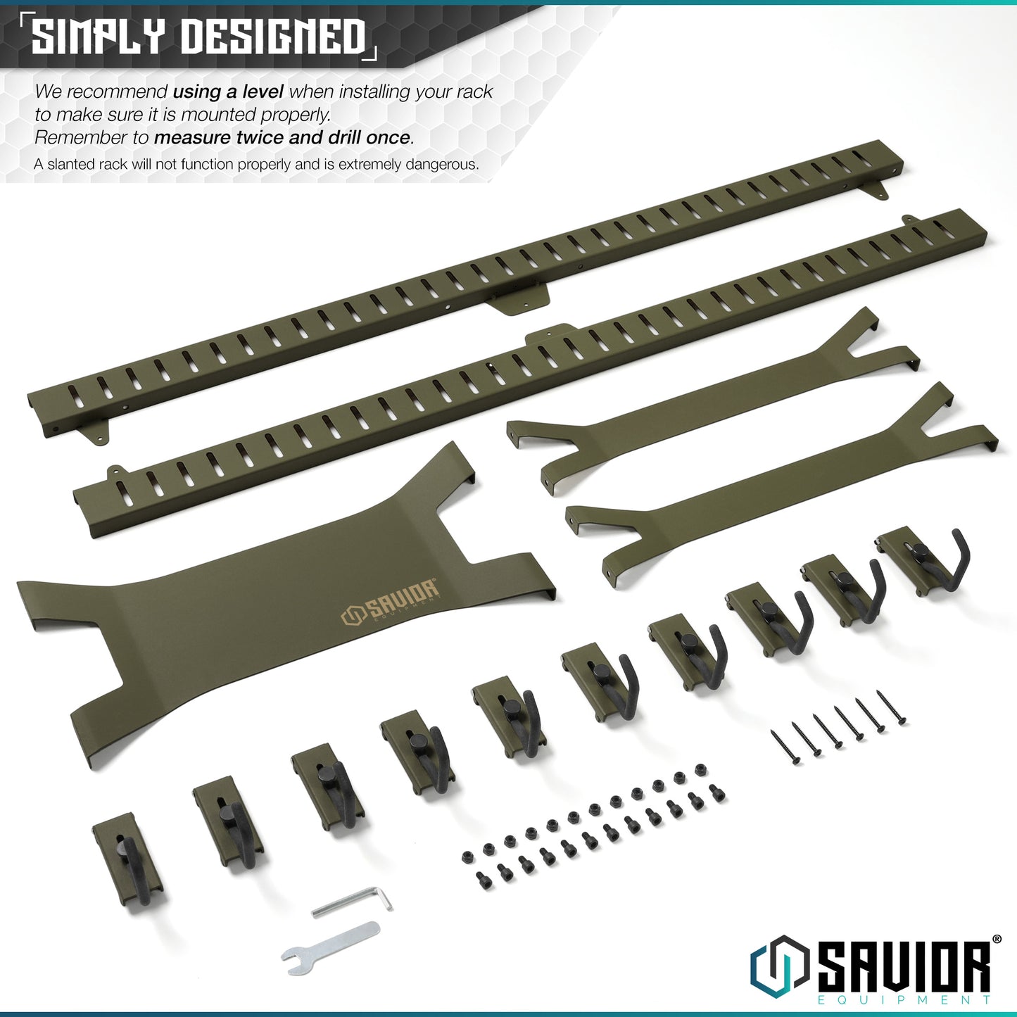 OLIVE DRAB GREEN HORIZONTAL WALL RACK W/ 10 HOOKS