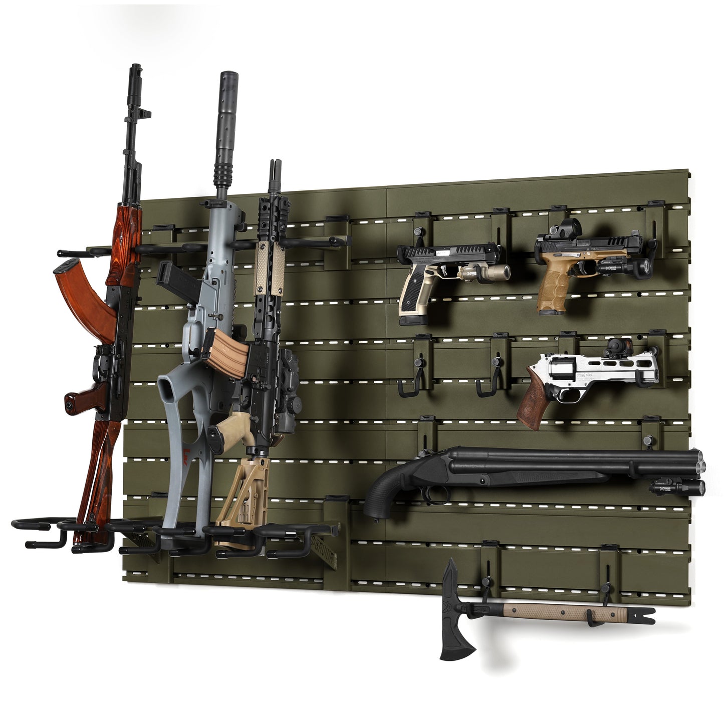OLIVE DRAB GREEN WALL RACK SYSTEM - 10 PANEL KIT W/ ATTACHMENTS