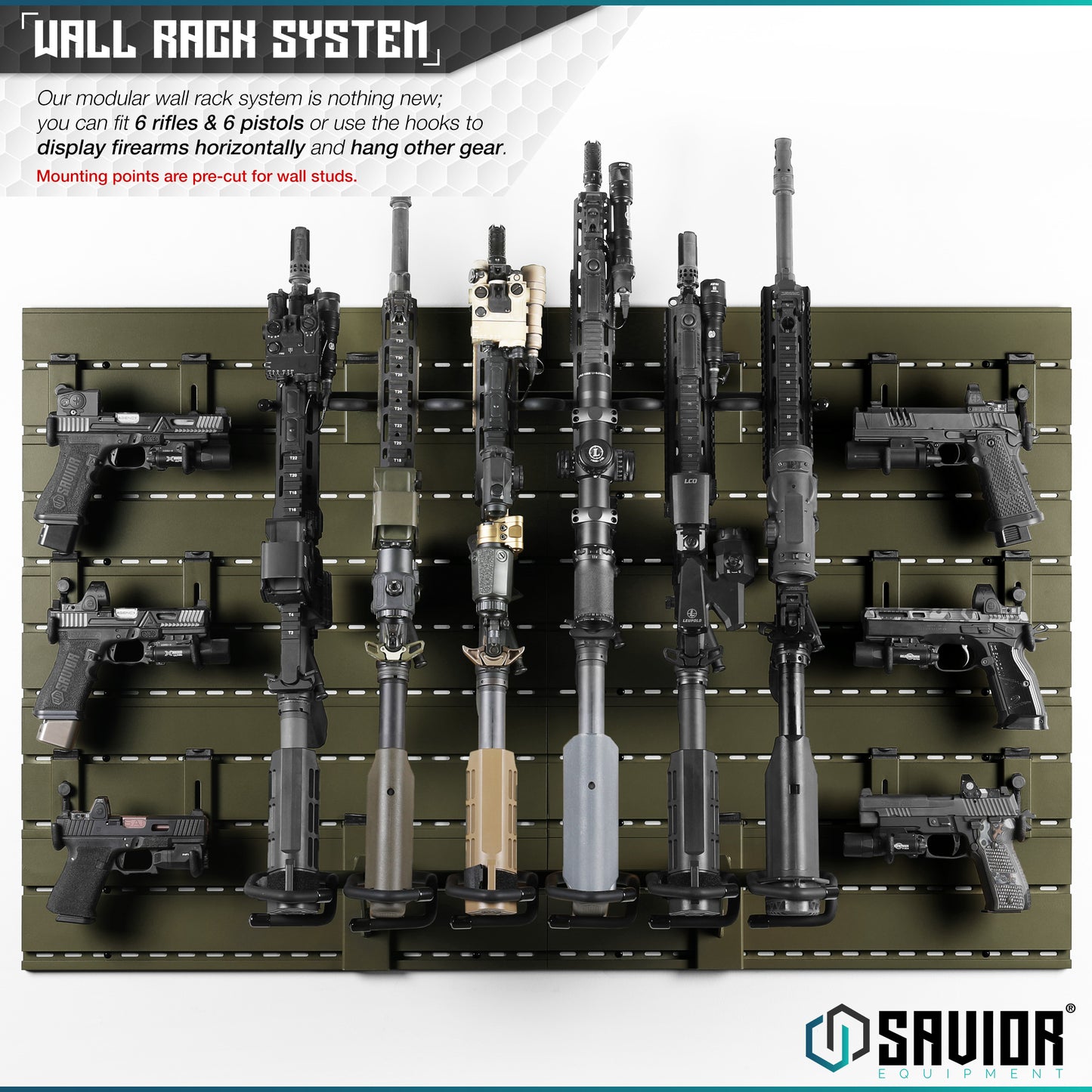 OLIVE DRAB GREEN WALL RACK SYSTEM - 10 PANEL KIT W/ ATTACHMENTS