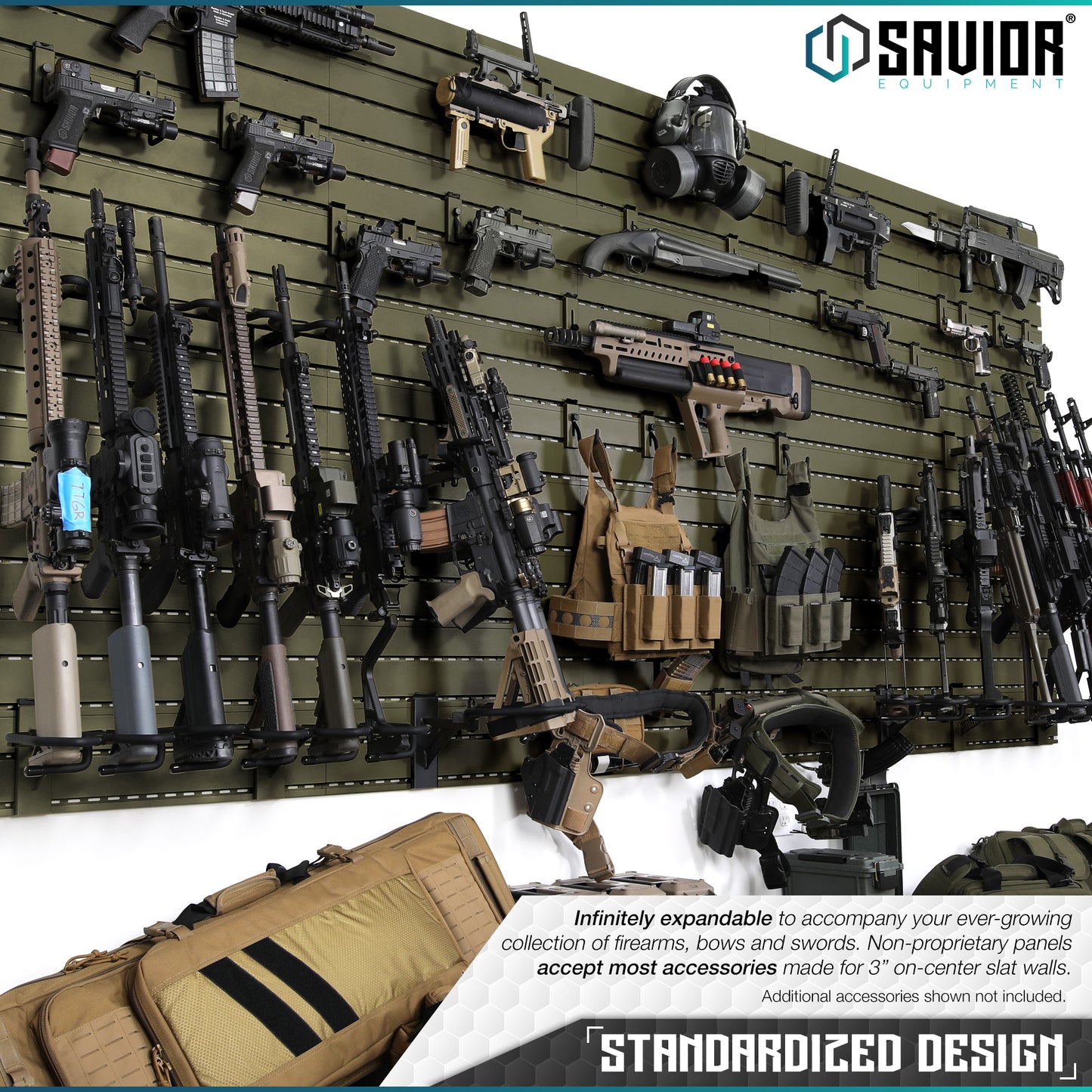 OLIVE DRAB GREEN WALL RACK SYSTEM - 10 PANEL KIT W/ ATTACHMENTS
